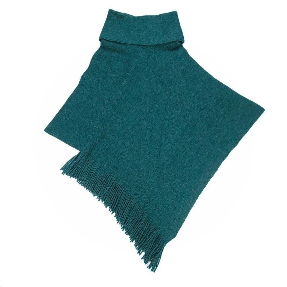 CHICOS Cozy Cowlneck Poncho Asymmetric Pullover Fringe Sweater Jasper Green OS